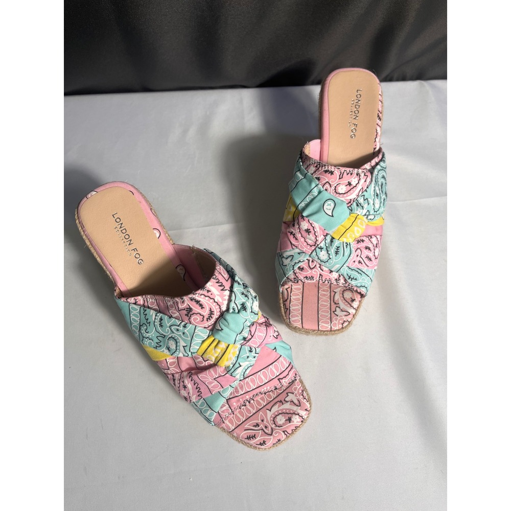 London Fog Heidi Paisley Bandana Espadrille Wedge Sandals Pink Blue Yellow 10M